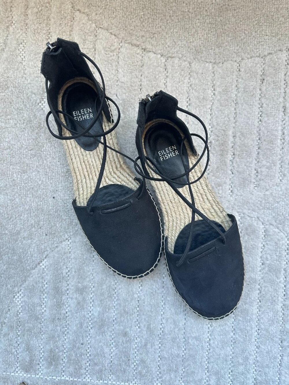 Eileen Fisher Lace Black Leather Lace-Up Espadrille Flats Women’s Size 8